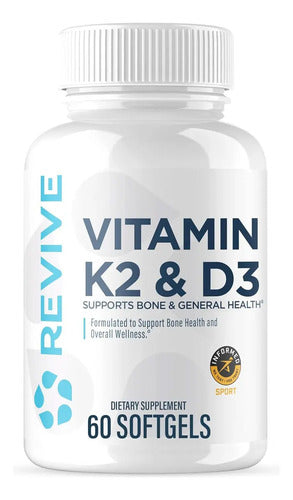 Vitamina K2 Y D3 Revive: Suplemento Para Huesos Y Corazón (60 Cápsulas) Sin Sabor