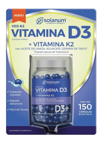 Solanum Vitamina D3+vit. K2, Aceite De Linaza, 150 Cáps Sin Sabor