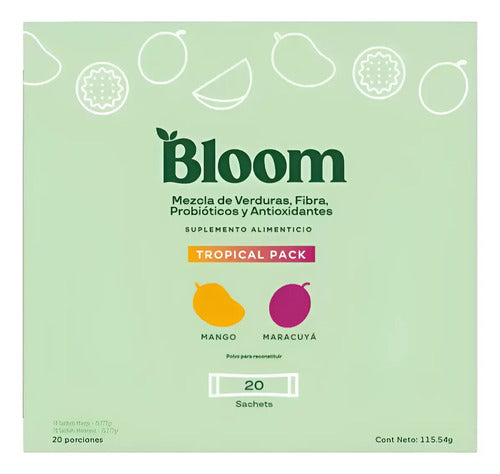 Bloom Suplemento Alimenticio Tropical Pack Fibra Vegano Sin Gluten 20 Sobres