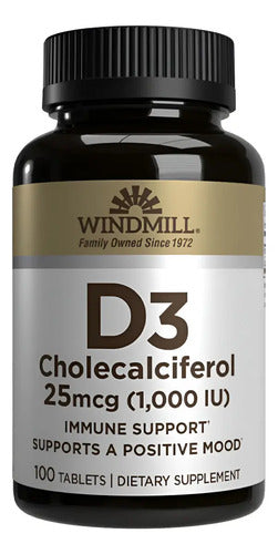 Vitamina D3 1000 Iu 25 Mcg Tabletas Windmill 100 Unidades Sin Gluten Sin Sabor