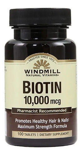 Biotina Windmill 10,000 Mcg Para Cabello Y Piel En 100 Tabletas Sin Sabor