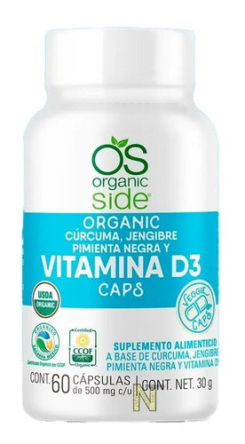 Vitamina D3 Cúrcuma Jengibre Y Pimienta 60 Cápsulas Organic Side Sin Sabor Sin Sabor
