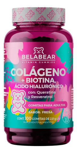 Belabear Colágeno + Biotina Y Ácido Hialurónico 100 Gomitas Sabor Fresa