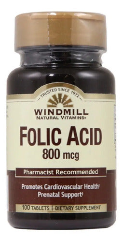 Vitaminas Acido Fólico 800 Mcg Windmill (100 Cápsulas) Sin Sabor